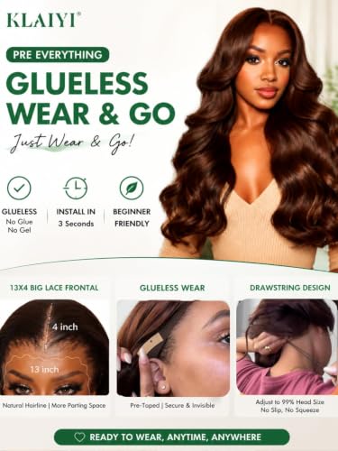 Image of KLAIYI Auburn Chestnut Brown Loose Body Wave Pre Everything Glueless 13x4 Lace Front Wigs Human Hair Drawstring Precut Lace Pre Plucked Bleached Ready to Wear and Go Wig with Face Framing Bang 26Inch