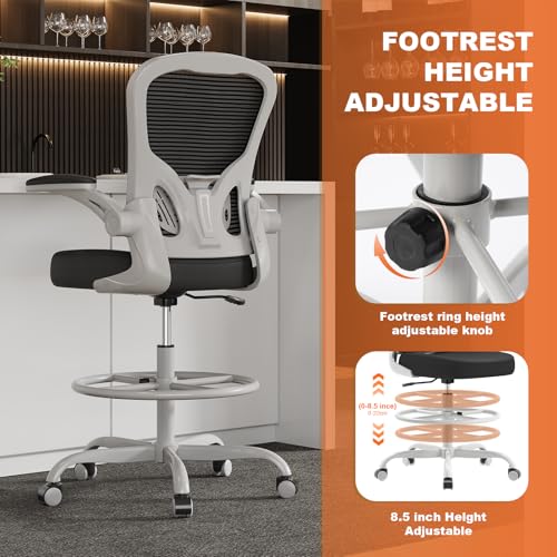 Image of Synorla Ergonomic Drafting Chair, Tall Mesh Office Chair with Flip-up Armrests, Lumbar Support Adjustable Footrest Ring for Standing Desk Gray Pink