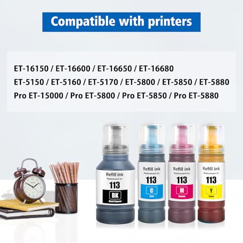 ASEKER 113 Tinte Multipack Kompatibel für Epson EcoTank ET-5150 ET-5160 ET-5170 ET-5800 ET-5850 ET-5880 ET-16150 ET-16600 ET-16650 ET-16680 Pro ET-5800 ET-5850 ET-5880 ET-15000 Drucker (BK/C/M/Y)