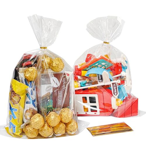 QOIUSO 100 Pack Clear Cellophane Treat Bags: 9x12 Inches Plastic Clear Goodie Bags with Ties for Candy Cookie Gifts and Party Favors Wrapping Packaging Popcorn Dessert Bakery Handmade Crafts