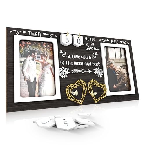 ZCPTZ Then & Now Anniversary Picture Frame - 1-99 Years Anniversary Wedding Gift for Couple, Engagement Bridal Shower Gifts for Couples Wood Photo Frame Holds Two 4x6 Inches Photos-Black