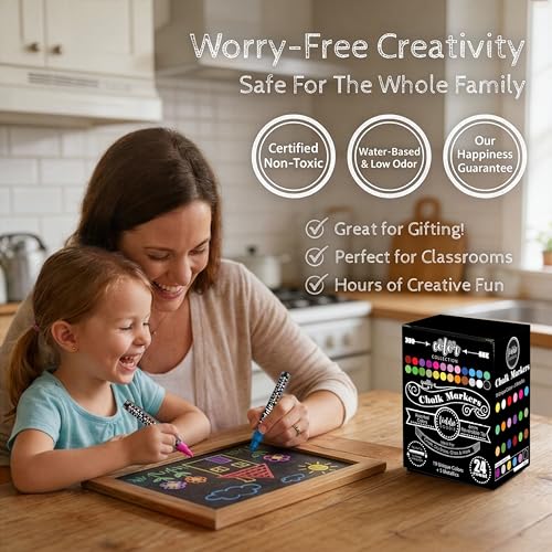 Image of Loddie Doddie Chalk Markers - Pack of 24, 6mm Reversible Tips - Liquid Chalk Pens for Glass Surfaces & Windows - Erasable Pens for Chalkboard Calendar - Non-Toxic Chalkboard Markers