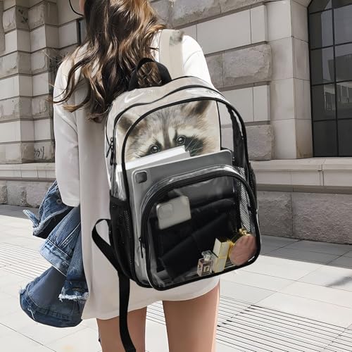 Raccoon Flowers Cute Clear Backpack, PVC Transparent Bag with Large Capacity for Boys, Girls, Men, Women, See Through Bookbag for School Work College Travel4