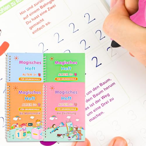 Bohrma Deutsch Magisches Heft 4 Stück Magische Übungshefte mit Stift 19x13cm Grooved Magische lernhefte Wiederverwendbares Magisches übungsheft für Kinder Kalligraphie, Mathematik, Zeichnung