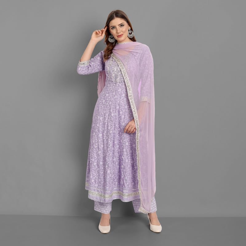 Image of NASRO Women's Viscose Rayon Printed Embroidered Round Neck 3 /4th Sleeves Anarkali Kurta & Pant Suit Set /Salwar Suit Set (Purple)
