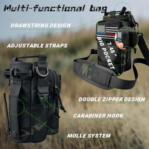 Image of 32 oz Insulated Water Bottle Stainless Steel with Sleeve - Military Metal Water Jug, For Gym Workout Hiking, Camo Black Water Bottles Pouch