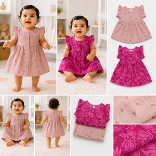 Image of Lilimi Toddler Baby Girl Cotton Muslin Dress, Breathable Flutter Sleeve Button-Front Cute Frocks