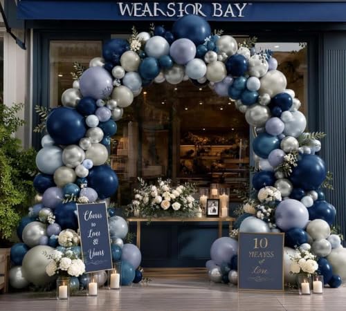 Image of Blue Balloon Arch Kit Double Stuffed Navy Pearl Grey Blue Latex Balloons | blue grey balloon arch dusty fog light blue balloon garland for birthday jean baby shower gender reveal bridal shower decor