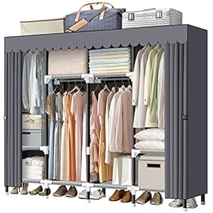 LOKEME Portable Closet, 67 Inch Wardrobe Closet for Hanging Clothes with 4 Hanging Rods, 25mm Steel Tube Clothes Storage Organizer for Extra Sturdy, Quick and Easy to Assembly, Gray Cover