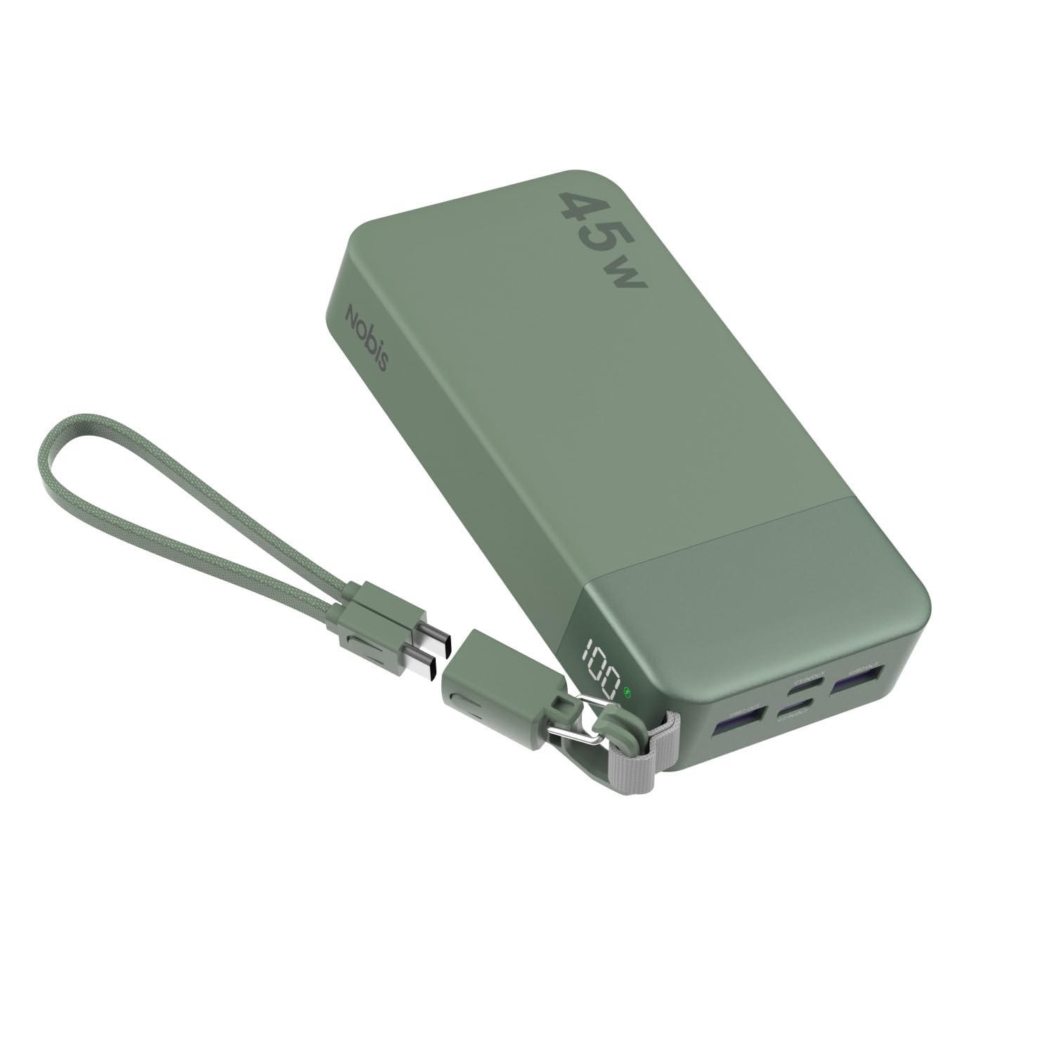 NOBIS Portable Charger 20000mAh 45W Power Bank w/Detachable Cable | 2C+2A Battery Pack w/Dual Type-C Cable, Battery Bank w/ Digital Display for Phone, Laptop, Steam Deck