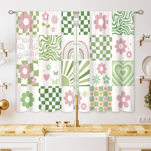 Oolygoo 70s Retro Cute Green Pink Flower Small Kitchen Curtains Checkered Groovy Window Treatment Funky Rod Pocket Cafe Short Window Curtains for Bathroom Dining Room Tier Treatment Drape 27.5x39 inch