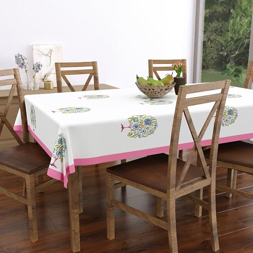 Image of BLOCKS OF INDIA Hand Block /Batik Print Rectangular Table Cloth for 6 Seater Dining Table (60 Inch X 90 Inch)(Pink Tree of Life)