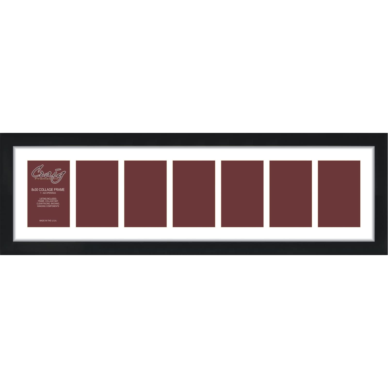 Craig Frames Contemporary, 8x30 Black Picture Frame with White Collage Mat, 7 Openings for 4x6 Prints