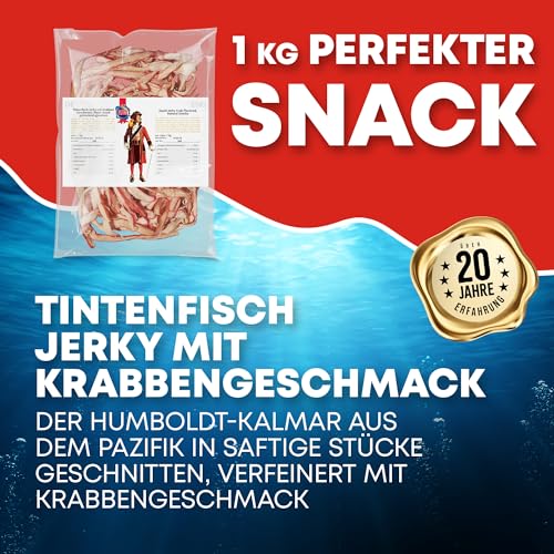 Tintenfisch Krabben Geschmack 1kg - Fisch Jerky I High Protein I Snacks I Trockenfisch Omega 3 I Beef Jerky, Trockenfleisch & Chips Alternative Keto Salat Topping