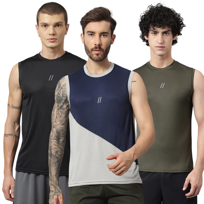 Image of ATICX Men's Polyester Sports Sleeveless T Shirt - Gym Vest, Workout Sando, Training Tank Top, Cut Sleeves Quick Dry Tee for Running, Swimming, Badminton, Fitness & Sports