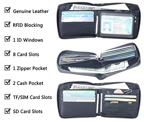 ee Men's Leather Zipper Wallet RFID Blocking Zip Around Wallet Bifold Multi Card Holder Purse black - Image 4