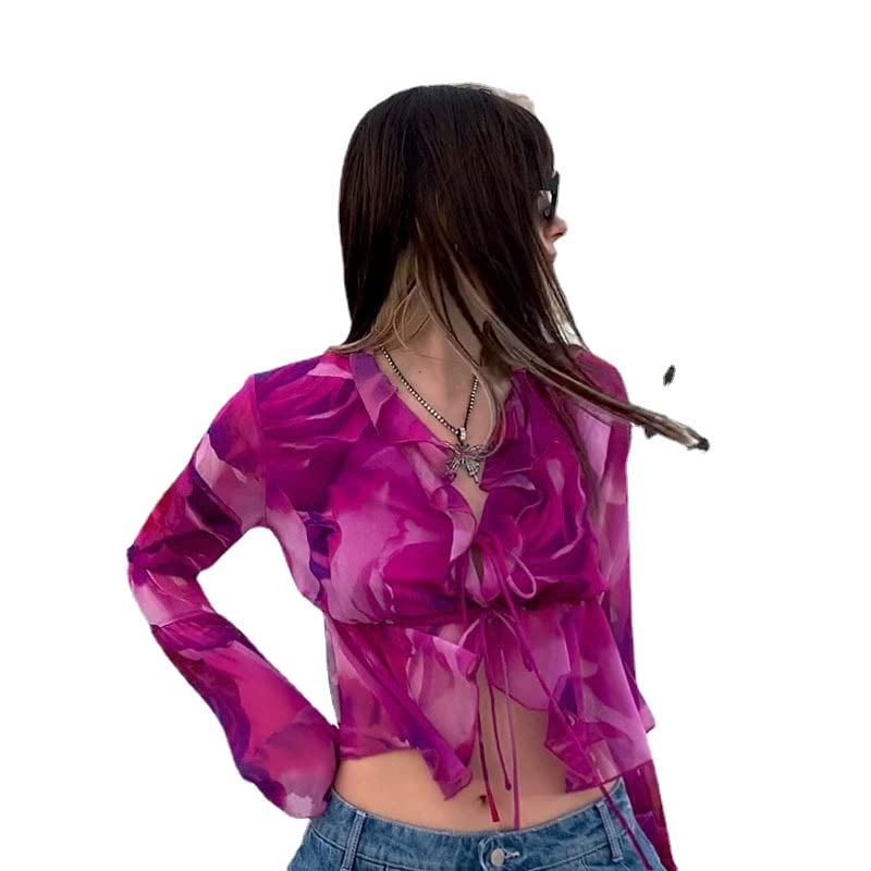 Women's Y2K Tie Dye Sheer Mesh Tie Open Front Long Sleeve Crop Top Ruffle Trim V Neck Blouse Shirt Top