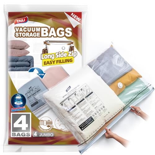 TAILI 4 Pack Vacuum Storage Bags, LONG SIDE ZIP (39x28 inch) Vacuum Seal Bags for Clothing, Jumbo Storage Space Saver for Beddings, Comforters, Blanket, Pillows and Clothes