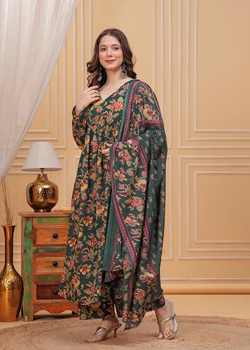 Image of MEERA FAB Women's Cotton Blend V-Neck Anarkali Printed Kurta with Palazzo & Dupatta