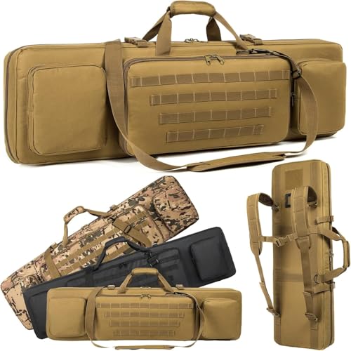 Double Rifle Case Soft Bag Long Tactical Rifle Backpack Soft Rifle Case 46 inch Rifle Pistol Firearm Storage and Transportation with Bullet Shoulder Strap Hunting Shooting Range Outdoor (Khaki)