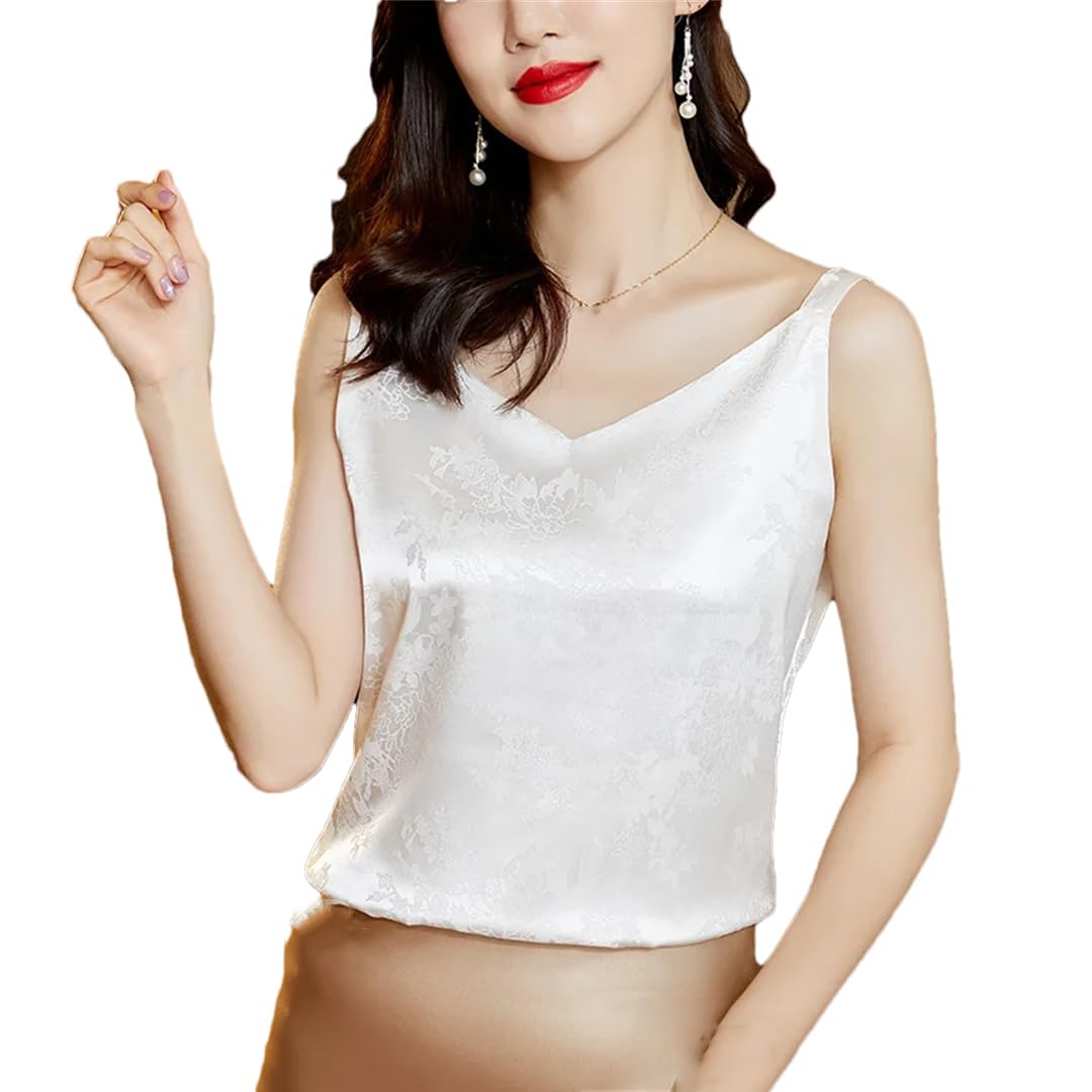 Top estivo da donna con scollo a V senza maniche in seta con stampa vintage