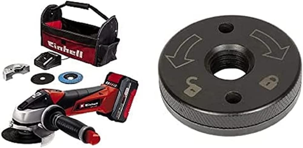 Einhell Meuleuse d’angle sans fil TE-AG 18/115 Li Kit Power X-Change (18 V, 115 mm diamètre du disque, 28 mm profondeur de coupe, avec disque de coupe, 4,0 Ah batterie et chargeur) + Écrou