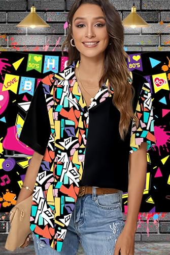 80s 90s Shirts for Women: 80's Neno Disco Party Tshirts 1980s Hawaiian Button Down Blouse Tops4