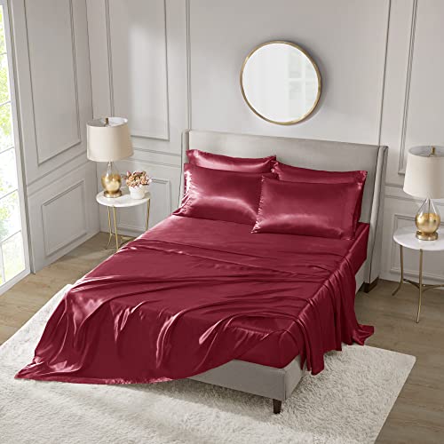 Madison Park Essentials Satin Sheet Set Luxury and Silky with Natural Sheen, Premium 16" Deep Pocket, All Around Elastic - Year-Round Bedding, Full, Red, 6 Piece