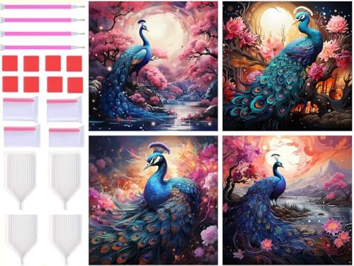 Diamond Painting Adulte 5D Lot de 4 Paon Fleur 90x90cm T-9271