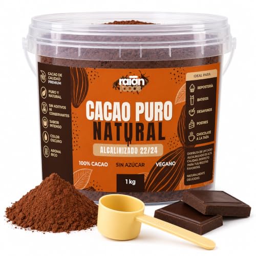 RAIAN FOODS Cacao Puro en Polvo uso Profesional 1 kg, 100% Natural, Sin Gluten, 22/24% Grasas Naturales, Sabor Intenso a Chocolate Negro, Ideal para Repostería, Brownies, Batidos y Chocolate Caliente