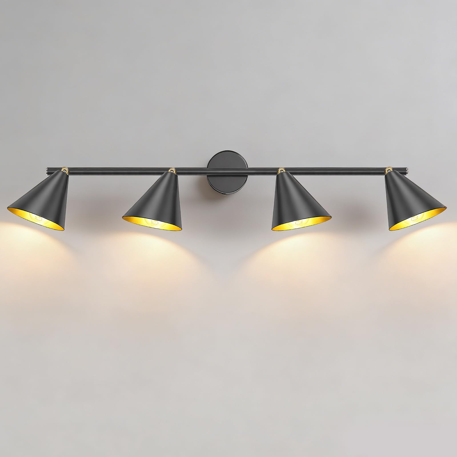 KnLnny Ware 4 Luci Nera Industriale Lampada da Soffitto e Parete, 350° orizzontale e 90° verticale regolabile con attacchi E14, Nero esterno Oro interno Lampada in Metallo Vintage, Senza Lampadine