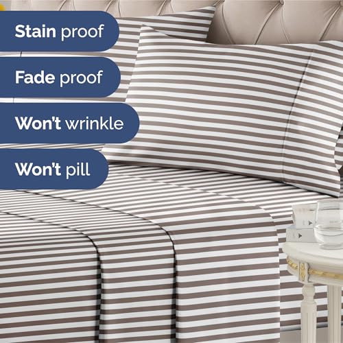 Image of Queen 4 Piece Striped Sheet Set - Soft, Breathable & Cooling - Brown Stripe | 1 Flat, 1 Fitted & 2 Pillowcases w / Deep Pockets, Luxury Striped Bedding, Soft, Breathable & Cooling, Wrinkle & Fade Free