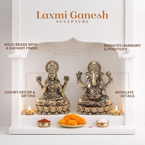 Image of Habere India-All the Cultures Fabricating India Brass Lakshmi Ganesh Idol Set for Pooja Room | Pure Brass Lakshmi Ganesh Murti for Home | Decorative Statue for Mandir (Design01: L3.5 x W2.5 x H5 cm)