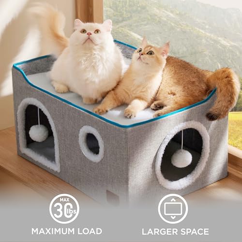 Bedsure Large Cat Beds for Indoor Cats - Extra Wide Cat Cube House for Small Pet with Fluffy Ball Hanging and Scratch Pad, Foldable Pet Cave Hideaway for Multiple Cats, 23.6x16.9x13 inches, Grey - Image 5