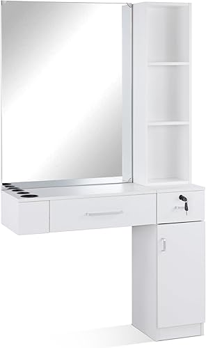 BarberPub Estación de salón de montaje en pared para peluquería con espejo, juego de equipos de spa para salón de belleza 3026 (estante derecho) disponible en Yaxa Colombia