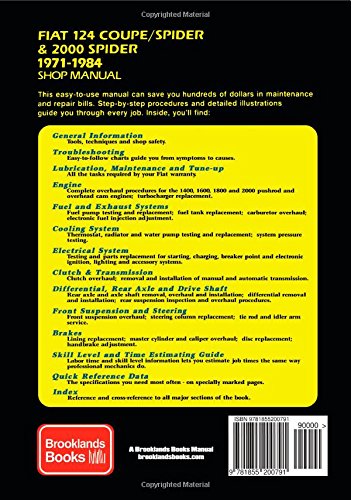 Back cover of the Fiat 124 Coupe/Spider & 2000 Shop Manual, showing a list of covered topics and ISBN