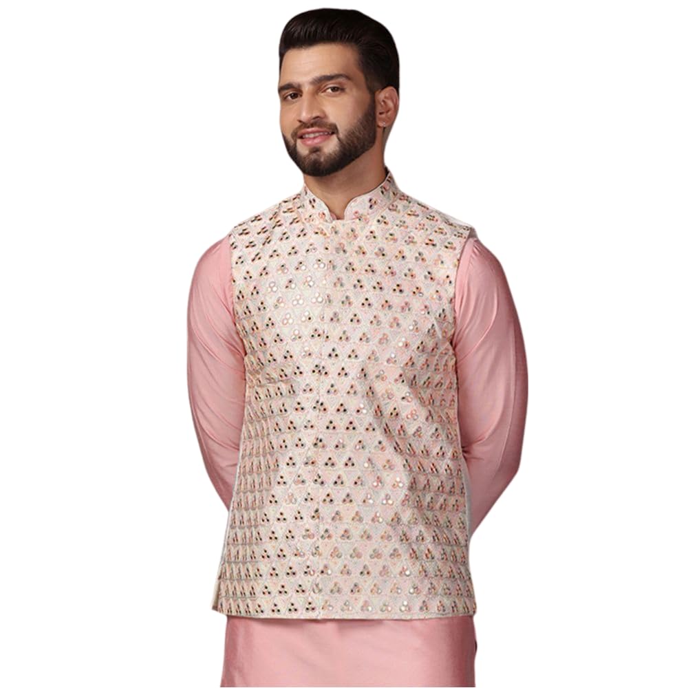 Men's Nehru Jacket, Multi Silk Blend, Embellished Regular Fit Mandarin Collar Sleeveless-image-39