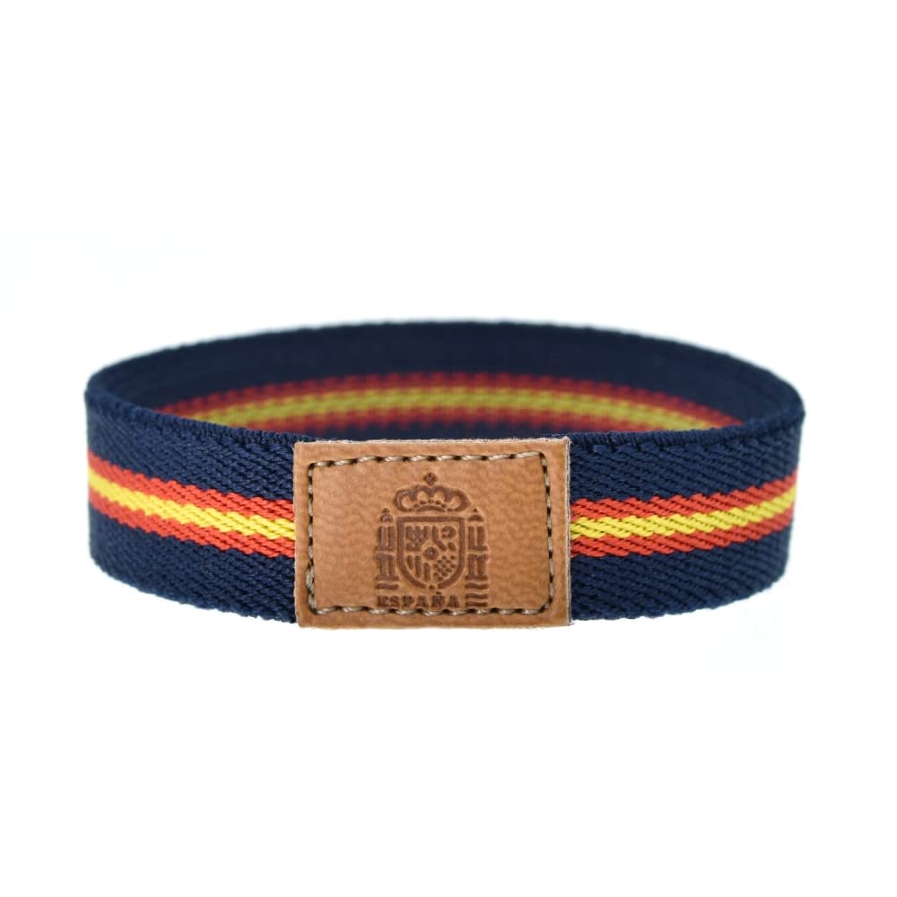 BDM Pulsera de Mujer y Hombre de Tela con la Bandera de España. Brazalete Escudo España elástico y con un trozo de Cuero.