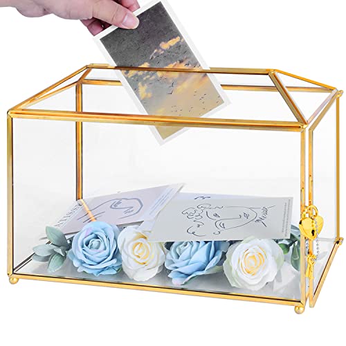 Ripprovt Glass Wedding Card Box with Lock 12.6x5.9x9 inches Large Gold Card Boxes for Wedding Reception Keepsake Display Graduation Party Centerpiece Decorative Box