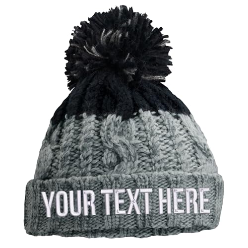 Purple Print House Embroidered Apres Beanie Bobble Hat Custom Text Personalised Writing Winter Autumn Skiing Two Colour, One Size, Grey/Black