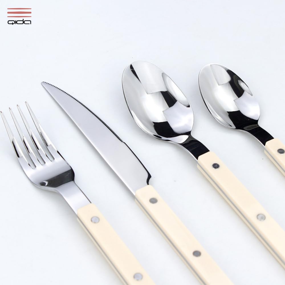 16 Pièces Pince Poignée Cuisine en Acier Inoxydable Argenterie Vaisselle Couverts Couteaux Fourchettes Cuillères Ensemble pour 4 Personnes Hôtel Maison Couteau À Steak Cuillère Dessert (Blanc)