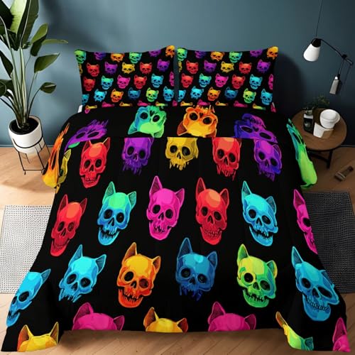 200 x 200 cm Edredón 4 Estaciones, Original Neón Calavera Estampado Microfibra Relleno Hipoalergénico Duvet, Reversible Lavable a Máquina sin Funda, para Niños y Adultos Multicolor