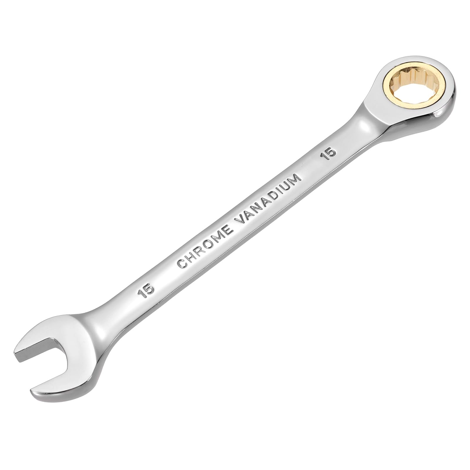 sourcing map Ratcheting Combination Wrench 15mm Metric 12 Point CR-V Steel Chromed Lengthen Double Box Open-Ended Ratchet Wrenches with 72 Tooth and 5° Swing Gear Spanner Tool for Repair