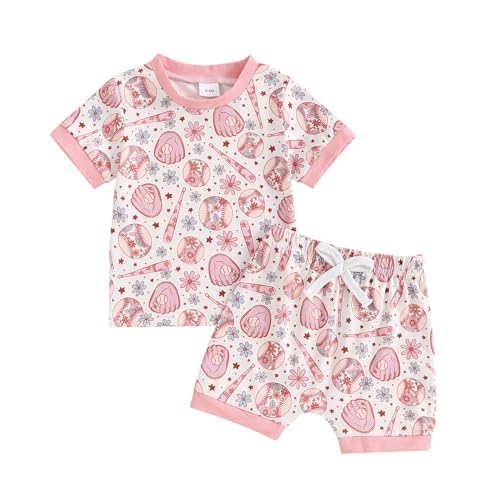 Toddler Baby Boy Girl Baseball Outfit Baseball Tee Shirt Top+Baseball Shorts Set Baby Summer Sportswear Tracksuit (Floral Baseball Pink A, 0-6 Months)