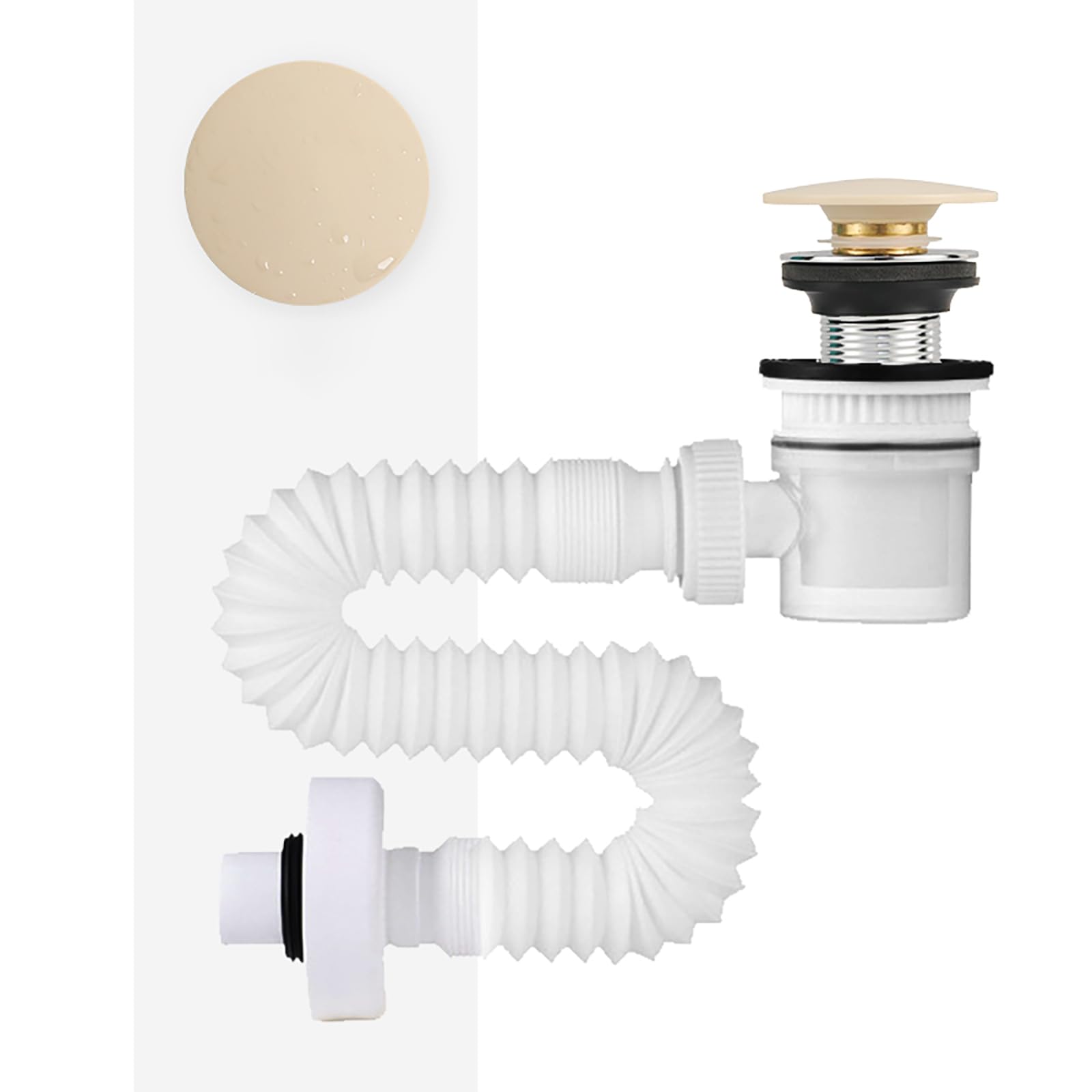 Sifon Lavabo con Rebosadero,Válvula Click Clack Lavabo,Sifón Lavabo Flexible,Resistente Olores,Sifon Cocina Fregadero con Instalación Sencilla,Marrón