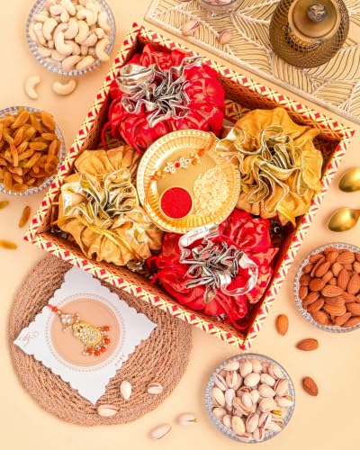 Image of Hyperfoods Rakhi Gift Hamper for Brother Rawfruit's Handcrafted Potli Pack of 4 Cashew Almond Pistachios Raisins 495 Grams with Thali DryFruits Combo Pack Dry Fruits Gift Pack Rakhi with DryFruits