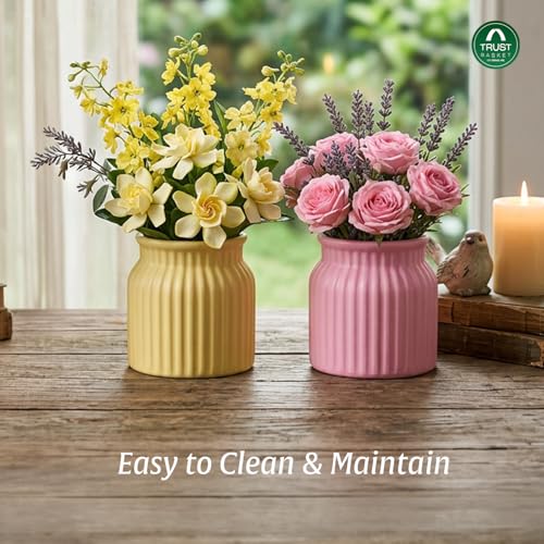 Image of TrustBasket Sereno Decorative Plastic Flower Vase Set Yellow Pink, Modern Table Top Home Decor Accent for Living Room Bedroom Dining Office, Compact Durable Minimalist Vase for Flowers, Set of 2