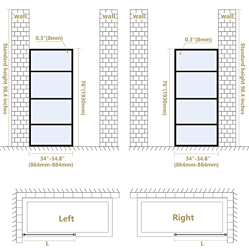 Shower Door Single Panel H-Type, Framed Tempered Glass Shower Door 34W*76L Inch For Walk-In Bathroom, 5/16” (8Mm) Thick Clear Transparent Glass Bathtub Shower Door Matte Black Finish #TOP6