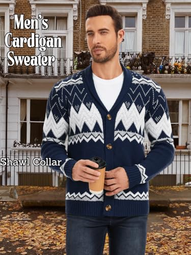 Men's Shawl Collar Cardigan Vintage Geometric Button Down Sweater2