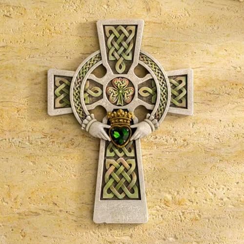 ShineOnAngel Celtic Cross Wall Decor with Claddagh Heart – 8 x 5.7 Inch Hand-Painted Irish Celtic Knot Cross, Resin Christian Wall Hanging Symbol of Faith, Love and Loyalty for Home Office Wedding